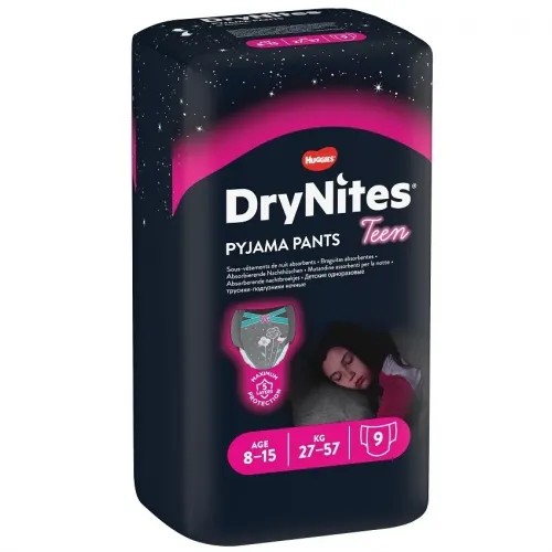 Huggies DryNites pro dívky 8-15 let, 27-57 kg—Natahovací kalhotky 9 ks