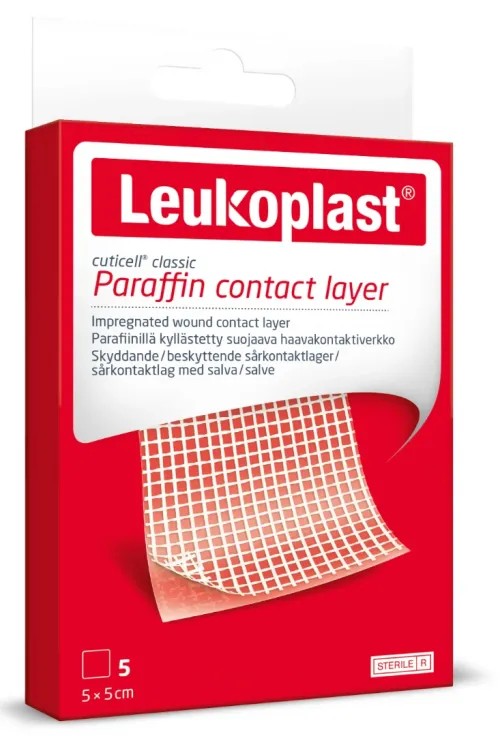 Leukoplast Cuticell classic 5 ks—Sterilní krytí na rány, mastný tyl napuštěný, 5 cm x 5 cm